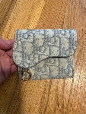 Dior Grey Monogram Canvas Trifold Wallet with Gold 'D' Accent